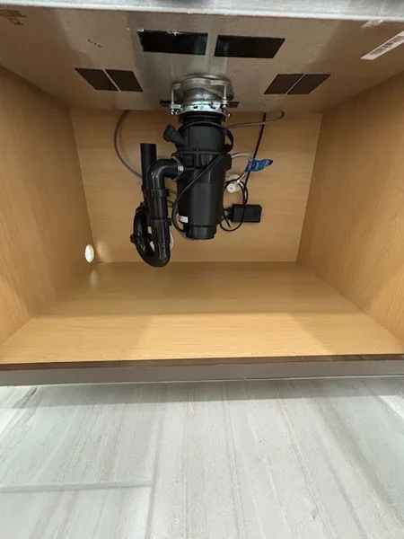 Garbage disposal and P-trap freshly installed under a wood-veneer kitchen sink cabinet